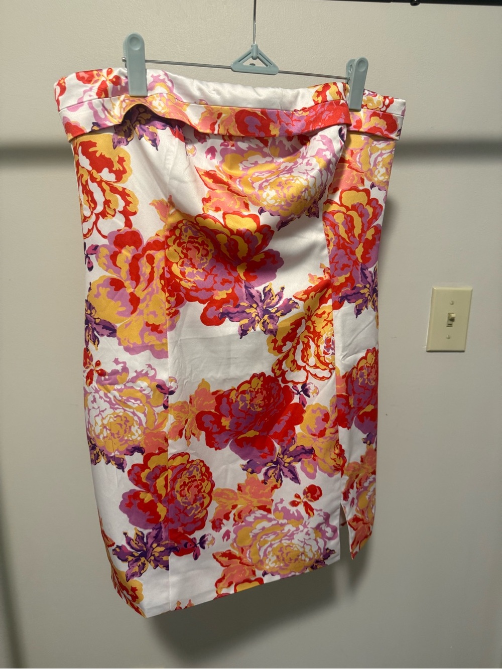 RNWY Strapless Floral Pencil Dress in White with Vibrant Floral Accents